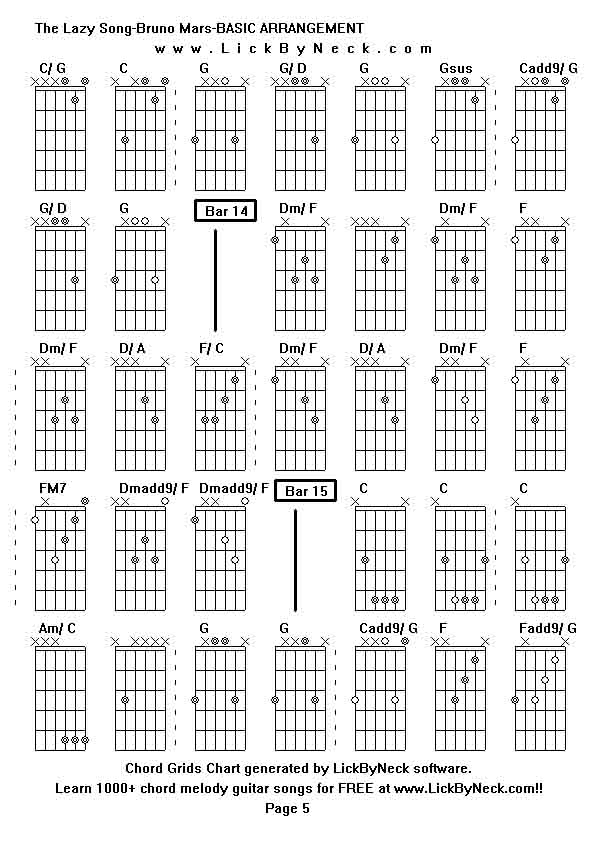 Chord Grids Chart of chord melody fingerstyle guitar song-The Lazy Song-Bruno Mars-BASIC ARRANGEMENT,generated by LickByNeck software.